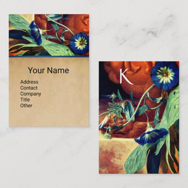 BLUE MORNING GLORIES BLOMMIGT PARCHMENT MONOGRAM B VISITKORT (Fram/baksida)