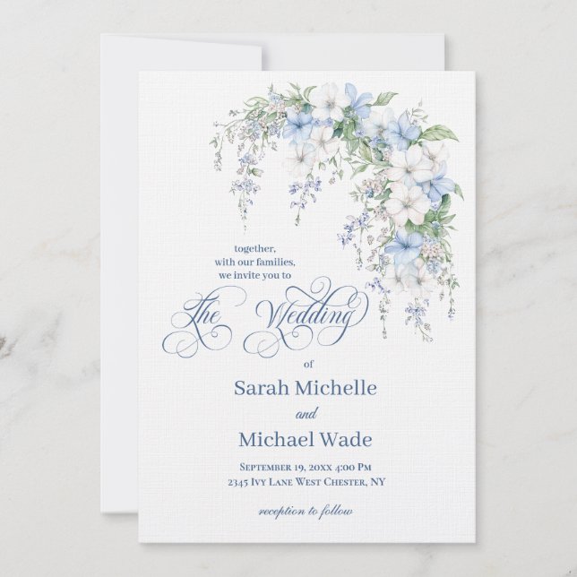 Blue Morning Glory Calligraphy Wedding Invitation Inbjudningar (Framsida)