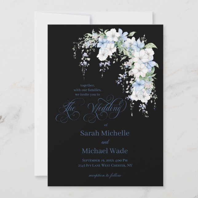 Blue Morning Glory Calligraphy Wedding Invitation Inbjudningar (Framsida)