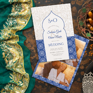 Blue Moroccan blommigt initialer 3, foto bröllop Inbjudningar