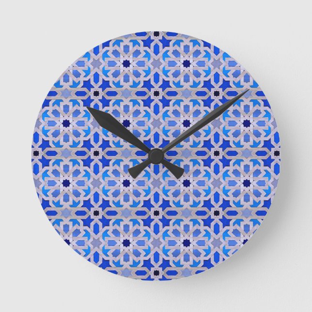 Blue Moroccan Geometric Mönster Rund Klocka (Framsida)