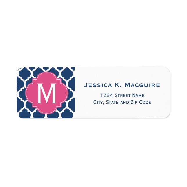 Blue Moroccan Lattice Rosa Monogram Quatrefoil Returadress Etikett (Framsidan)