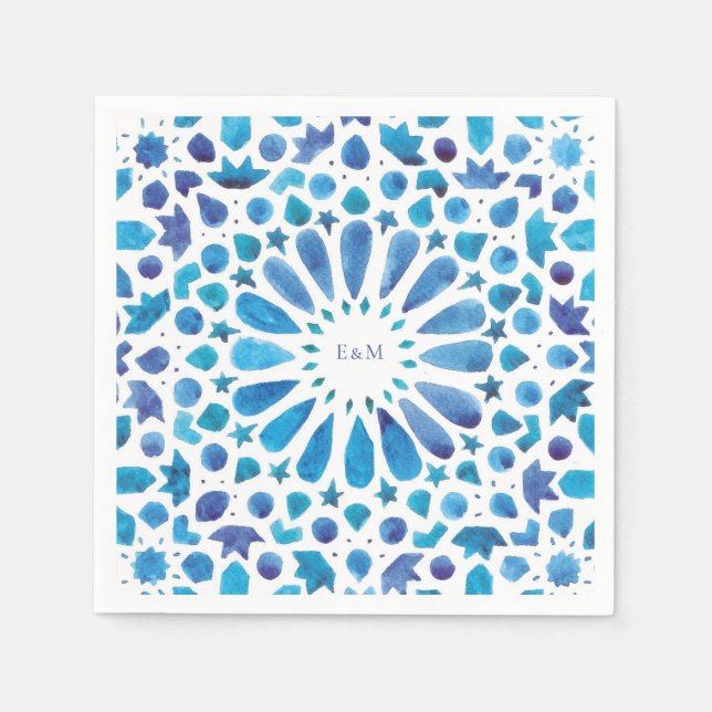 Blue Moroccan Tiles Initialer Bröllop Logotyp Pappersservett (Framsidan)