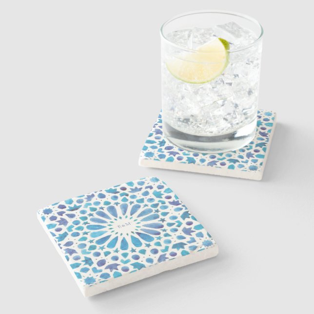 Blue Moroccan Tiles Monogram Bröllop Stenunderlägg (Sidan)