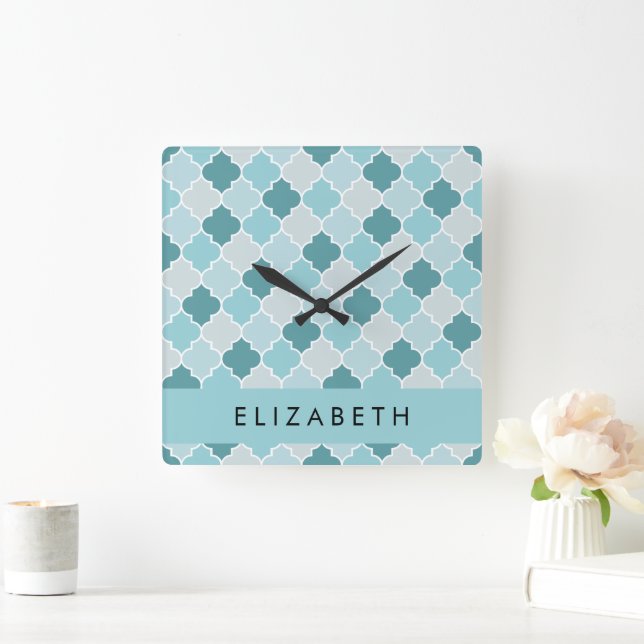 Blue Moroccan Trellis, Quatrefoil, ditt namn Fyrkantig Klocka (Hem)