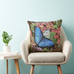 Blue Morpho Butterfly Blommigt Nature Art Kudde