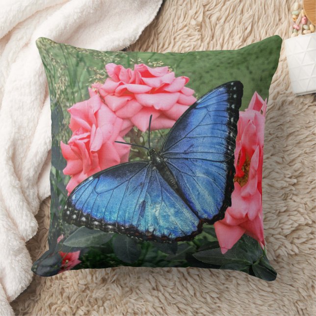 Blue Morpho Butterfly Blommigt Nature Art Kudde (Filt)