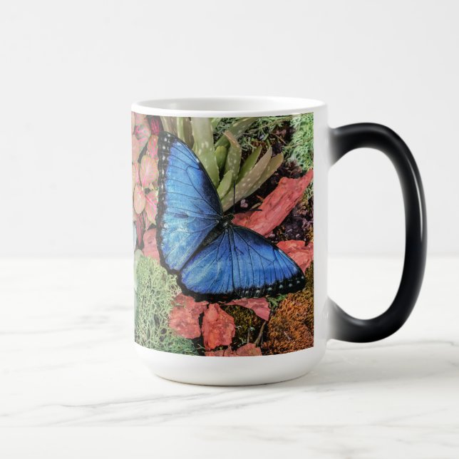 Blue Morpho Butterfly Blommigt Nature Art Magisk Mugg (Höger)