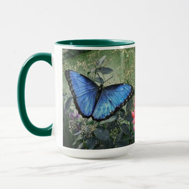 Blue Morpho Butterfly Blommigt Nature Art Mugg (Vänster)
