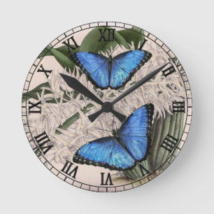 Blue Morpho Butterfly Blommigt Nature Art Rund Klocka