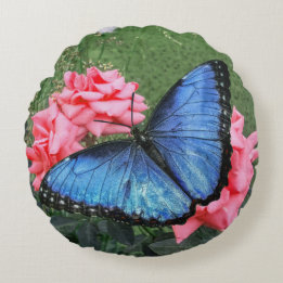 Blue Morpho Butterfly Blommigt Nature Art Rund Kudde