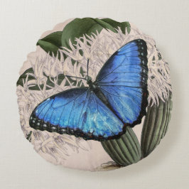 Blue Morpho Butterfly Blommigt Nature Art Rund Kudde
