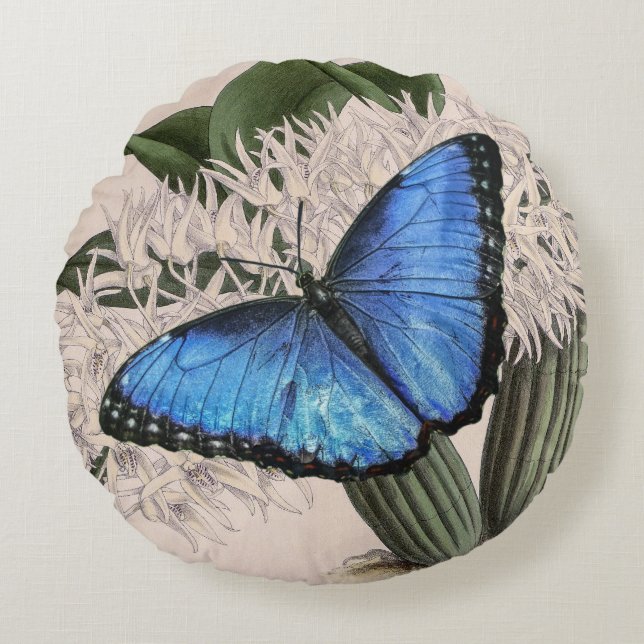 Blue Morpho Butterfly Blommigt Nature Art Rund Kudde (Framsidan)