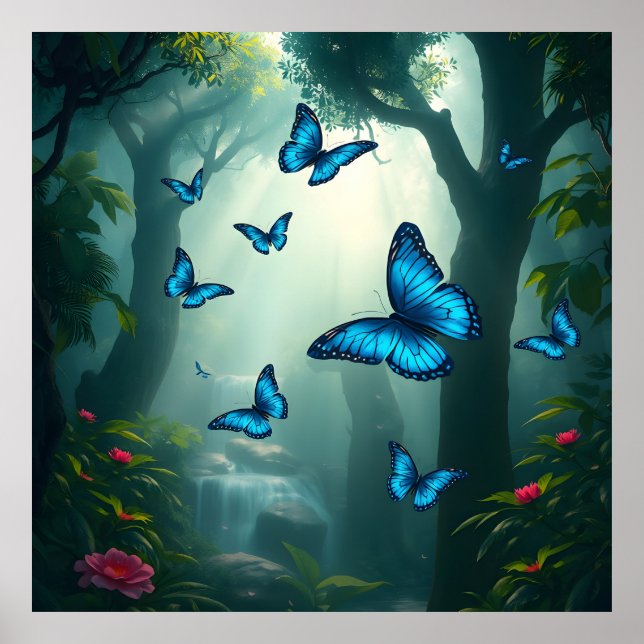 Blue Morpho Butterfly i regnskogen Poster (Framsidan)