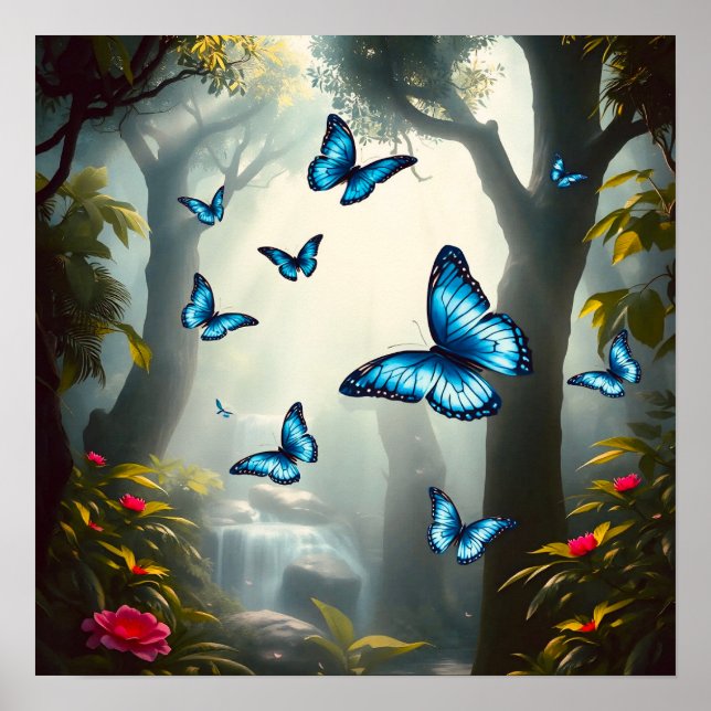 Blue Morpho Butterfly i regnskogen Poster (Framsidan)