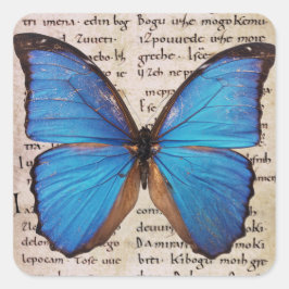 Blue Morpho Butterfly på Bok Page Nature Stickers Fyrkantigt Klistermärke