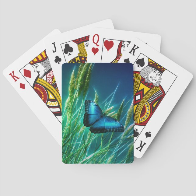 Blue Morpho Butterfly på Grönt Grass Casinokort (Baksidan)