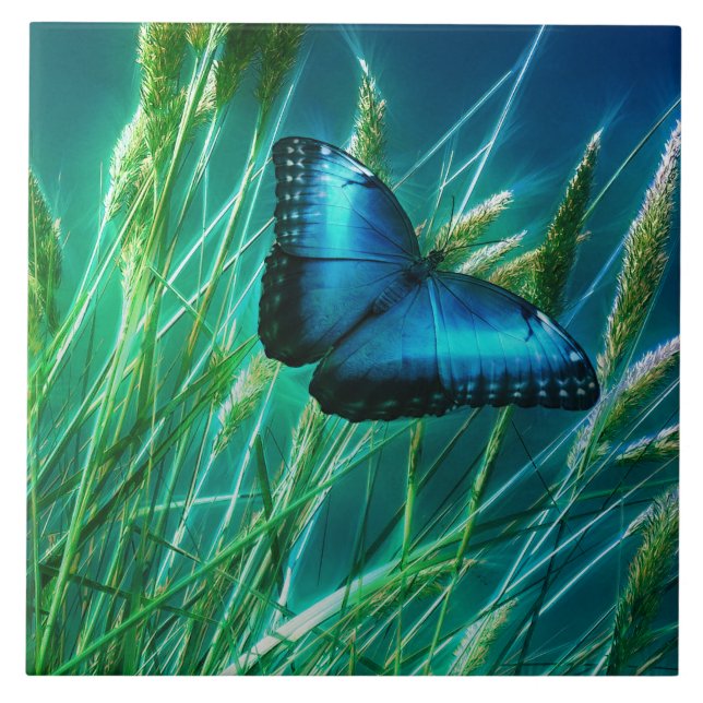 Blue Morpho Butterfly på Grönt Grass Kakelplatta (Framsidan)