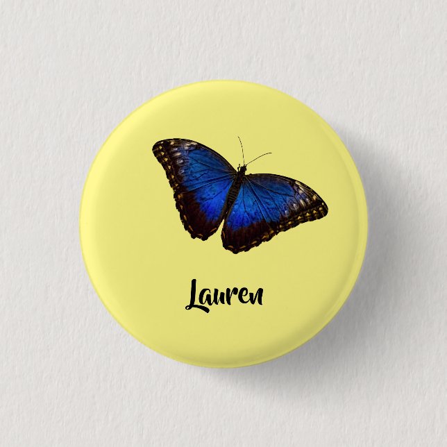 Blue Morpho Butterfly Personlig med Namn Knapp (Framsida)