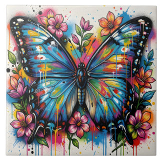 Blue Morpho Butterfly Street Art Graffiti Grunge Kakelplatta