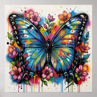 Blue Morpho Butterfly Street Art Graffiti Grunge Poster
