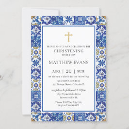 Blue Mosaic Tiles Christening i Medelhavet Inbjudningar