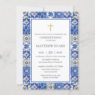 Blue Mosaic Tiles Christening i Medelhavet Inbjudningar
