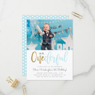Blue Mr Onederful Script Photo 1st Birthday Inbjudan Vykort
