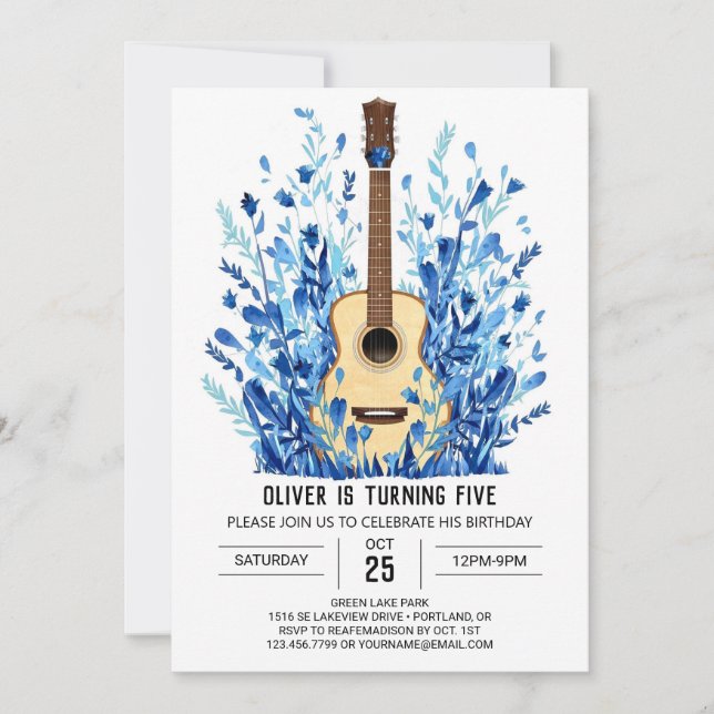 Blue Musician's Guitar Boy Birthday Inbjudningar (Framsida)
