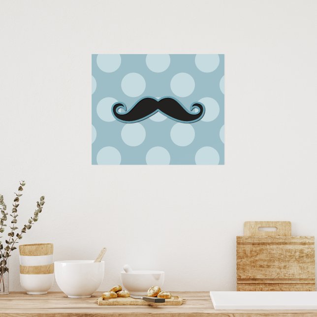 Blue Mustache, Curl Mustache, Stache, Polka dots Poster (Kök)