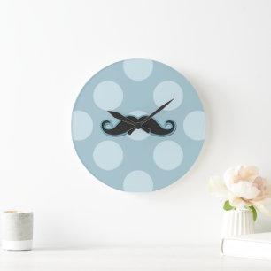 Blue Mustache, Curl Mustache, Stache, Polka dots Stor Klocka