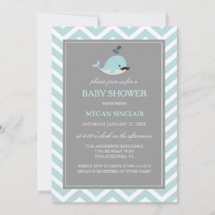 Blue Mustache Whale Boy Baby Shower-inbjudan Inbjudningar