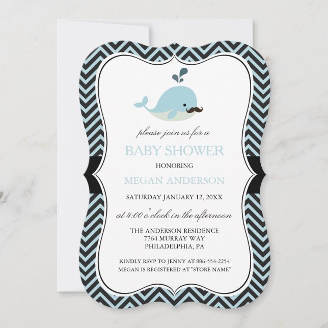 Blue Mustache Whale Chevron Boy Shower Inbjudningar (Framsida)