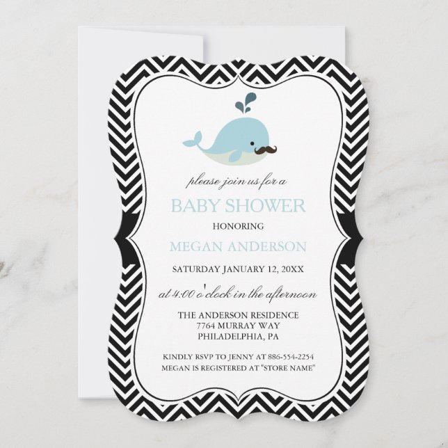 Blue Mustache Whale Chevron Boy Shower Inbjudningar (Framsida)