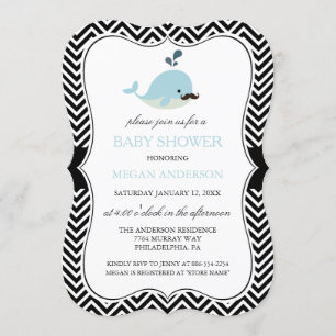 Blue Mustache Whale Chevron Boy Shower Inbjudningar