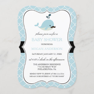 Blue Mustache Whale Cute Boy Shower Inbjudningar