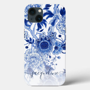 Blue n White Chinoiserie Asian Blommigt Script Nam