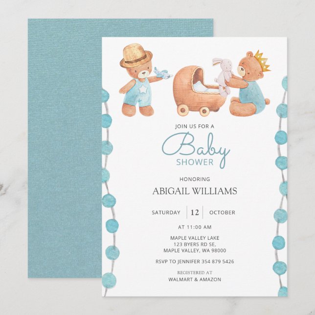 Blue Nalle Baby Shower Inbjudningar (Fram/baksida)