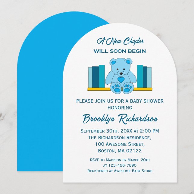 Blue Nalle New Chapter Storybook Baby Shower Inbjudningar (Fram/baksida)