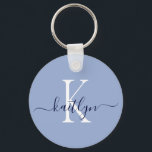 Blue Namn Initial Monogram Nyckelring<br><div class="desc">Den här moderna nyckelkedjan med det första namn i ett trendig-skript i marinblått och det första i ett modernt typsnitt i dammiga blå på vitt är perfekt för nycklar.</div>