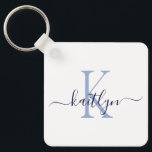 Blue Namn Initial Monogram Nyckelring<br><div class="desc">Den här moderna nyckelkedjan med det första namn i ett trendig-skript i marinblått och det första i ett modernt typsnitt i dammiga blå på vitt är perfekt för nycklar.</div>