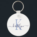 Blue Namn Initial Monogram Nyckelring<br><div class="desc">Den här moderna nyckelkedjan med det första namn i ett trendig-skript i marinblått och det första i ett modernt typsnitt i dammiga blå på vitt är perfekt för nycklar.</div>
