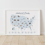 Blue National Parker Karta Woodland Nursery Decor Poster<br><div class="desc">Låt oss inspireras av att utforska Förenade Stater med denna detaljerade nationella parker karta!</div>