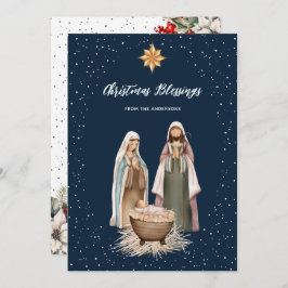 Blue Nativity Botanical Christian Christmas Card Julkort