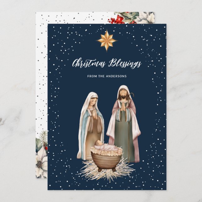 Blue Nativity Botanical Christian Christmas Card Julkort (Fram/baksida)