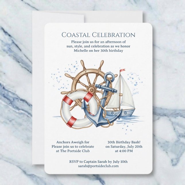 Blue Nautical Anchor Birthday Invite Inbjudningar (A classic maritime look.)