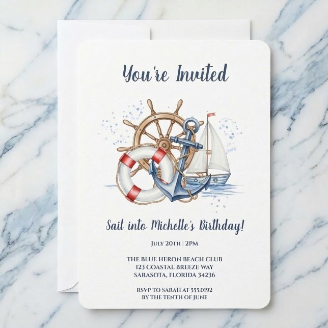 Blue Nautical Anchor Birthday Invite Inbjudningar (Party by the sea.)