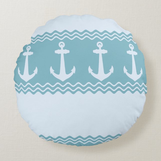Blue Nautical Anchor Coastal Rand Rund Kudde (Framsidan)