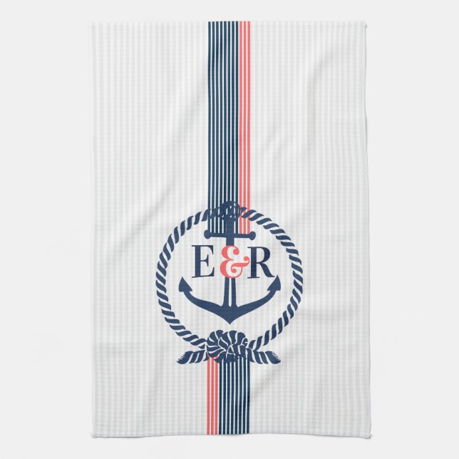 Blue Nautical Anchor Knot & Rand Monogram Kökshandduk (Vertikal)