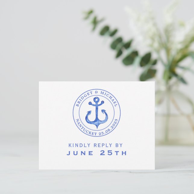 Blue Nautical Anchor | OSA BRÖLLOP Inbjudan Vykort (Stående Fram)